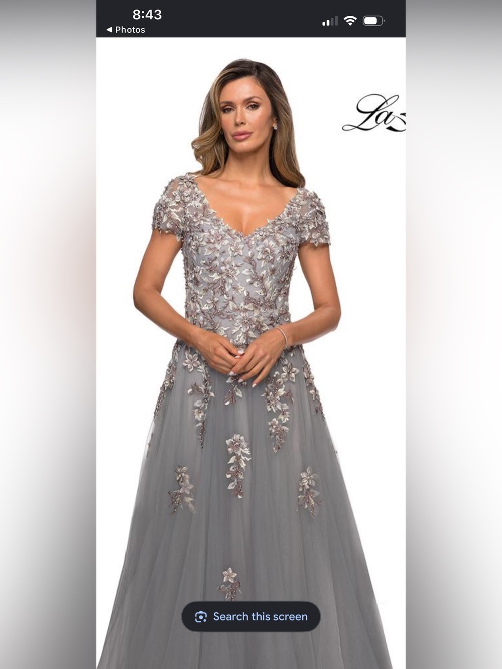 NWOT La Femme Silver-Gray Floral Appliqué Gown